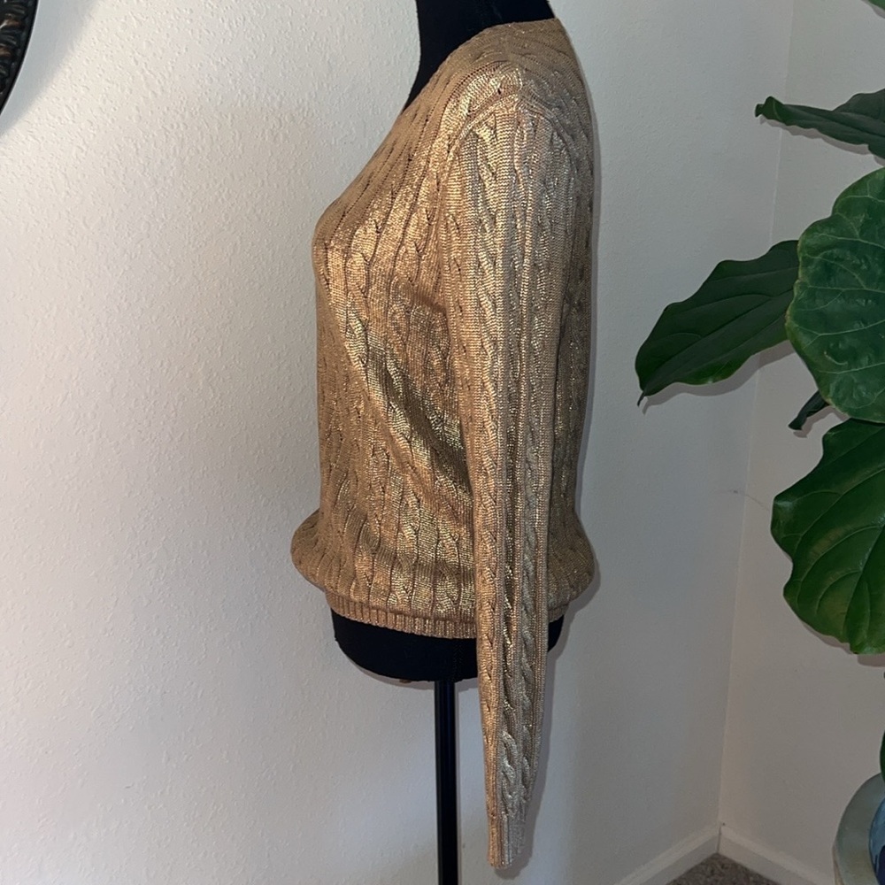 Ralph Lauren Women’s Gold Metallic Cable Knit Cotton Blend Crewneck Sweater M - Picture 15 of 16